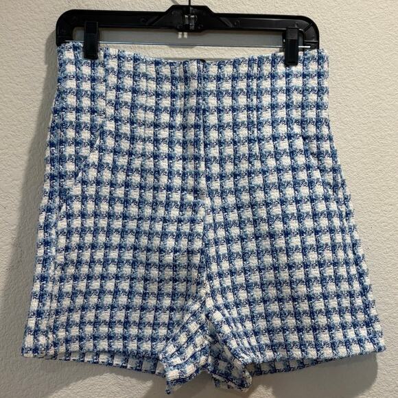 Zara Blue White Houndstooth Plaid Tweed Pull On Shorts Size S - Picture 2 of 4